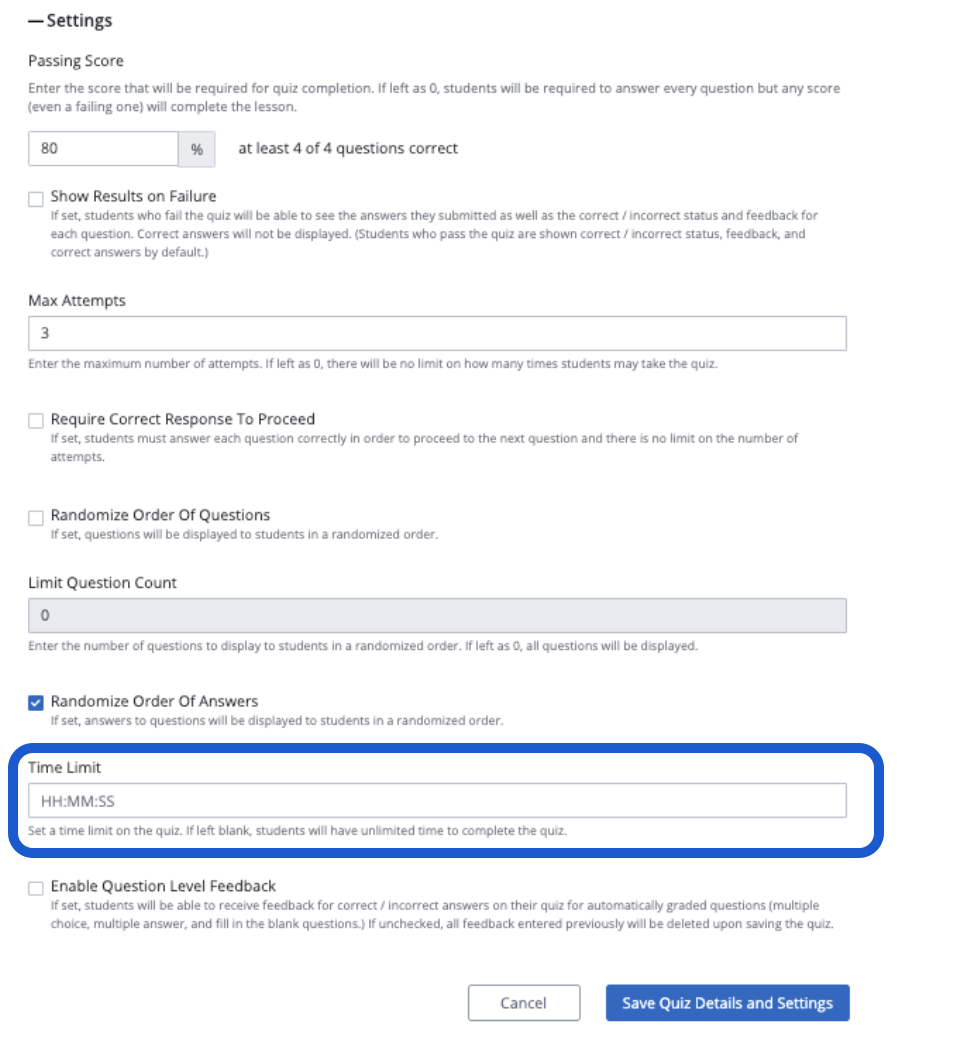 Adding Time Limits to Quizzes – Skilljar Help Center